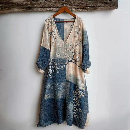 Cardydony Cherry Blossom Sea Waves Japanese Sashiko Art Linen Mini Dress