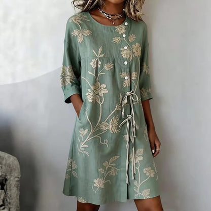 Cardydony Women's Retro Floral Wrap Tie Waist Linen Blend Midi Dress