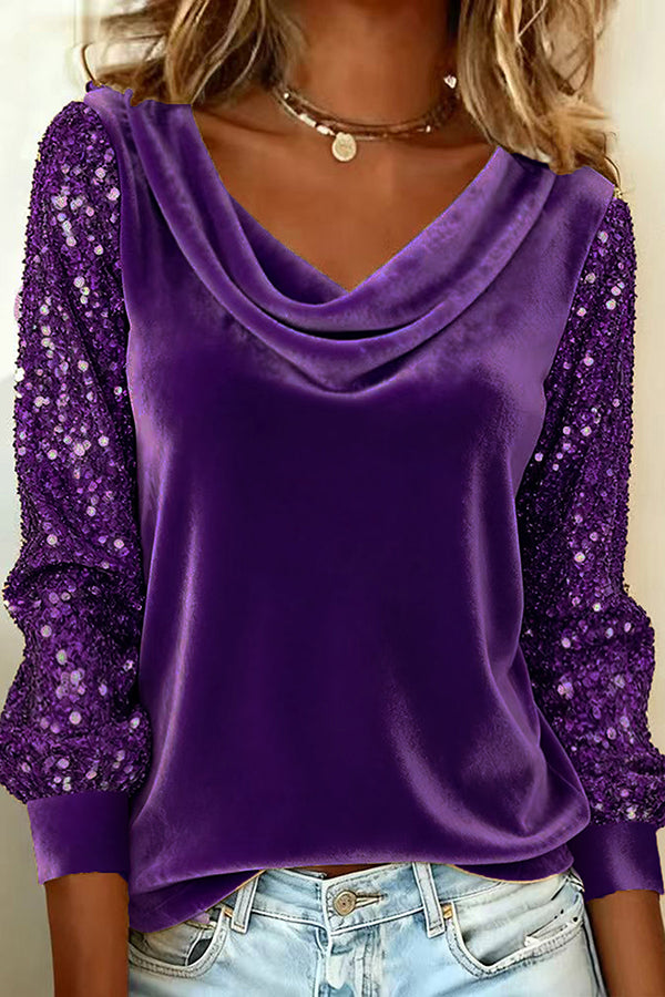 Cardydony Women's Stylish Velvet Sequin Patchwork Long-sleeved Casual Top
