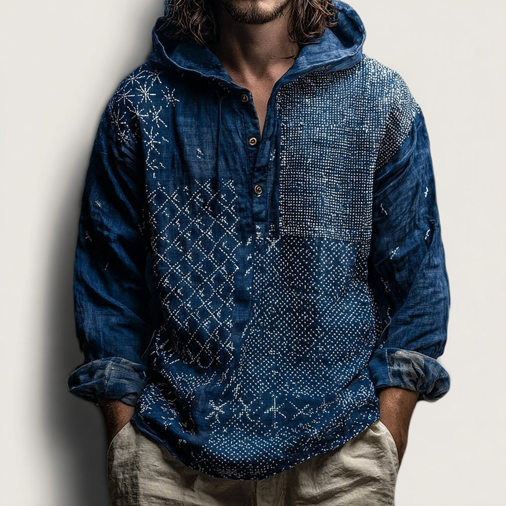 Cardydony Men's Vintage Japanese Traditional Sashiko Art Linen Hooded Shirt