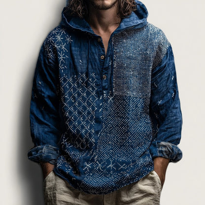 Cardydony Men's Vintage Japanese Traditional Sashiko Art Linen Hooded Shirt