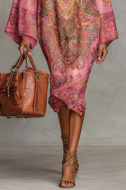 Cardydony Women's Retro Unique Print Casual Long-sleeved Loose Midi Dress
