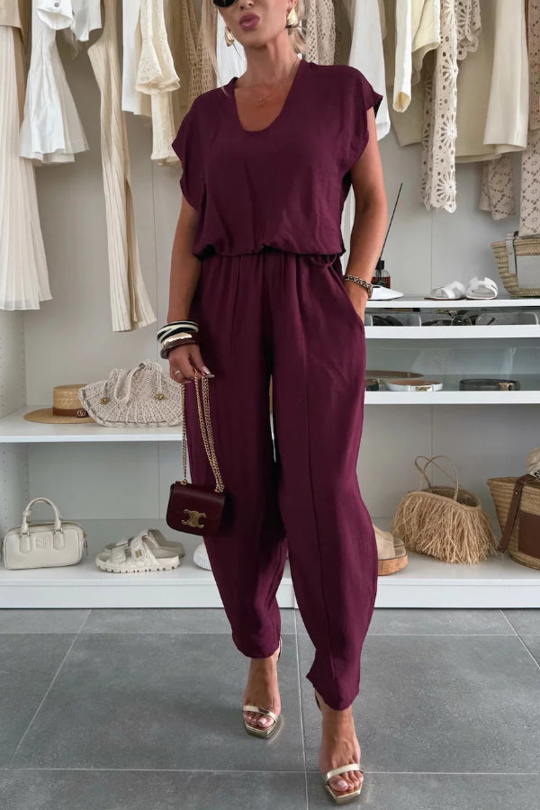 Cardydony Women's  Linen Blend Solid Color V-neck Short-sleeved Top and Elastic Waist Pocket Bloomers Pants Set