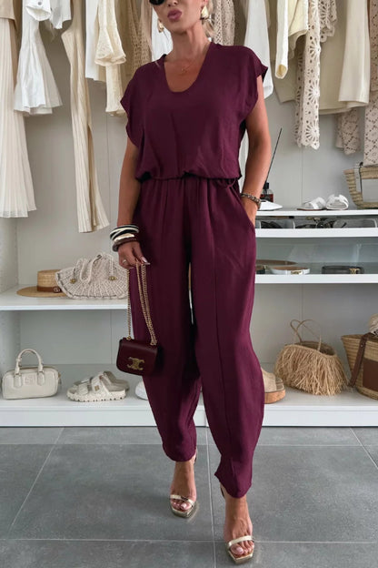 Cardydony Women's  Linen Blend Solid Color V-neck Short-sleeved Top and Elastic Waist Pocket Bloomers Pants Set
