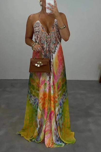 Cardydony Women's  Bohemian Style Unique Print Sleeveless Backless Loose Maxi Dress