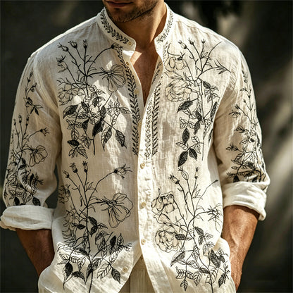 Cardydony Men's Vintage Forest Flowers Linen Shirt