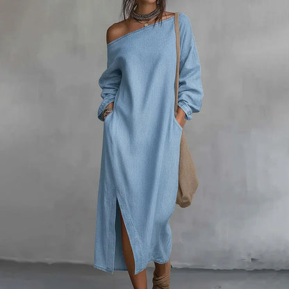 Cardydony Women's Casual Solid Color One-shoulder Cotton Linen Maxi Dress