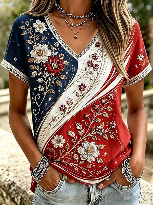 Cardydony Women's Vintage Independence Day Floral Print Short Sleeve T-shirt