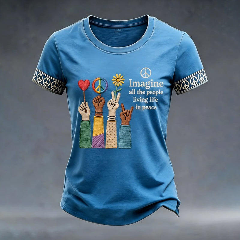 Cardydony Women's Imagine All The People Living Life In Peace Print T-shirt