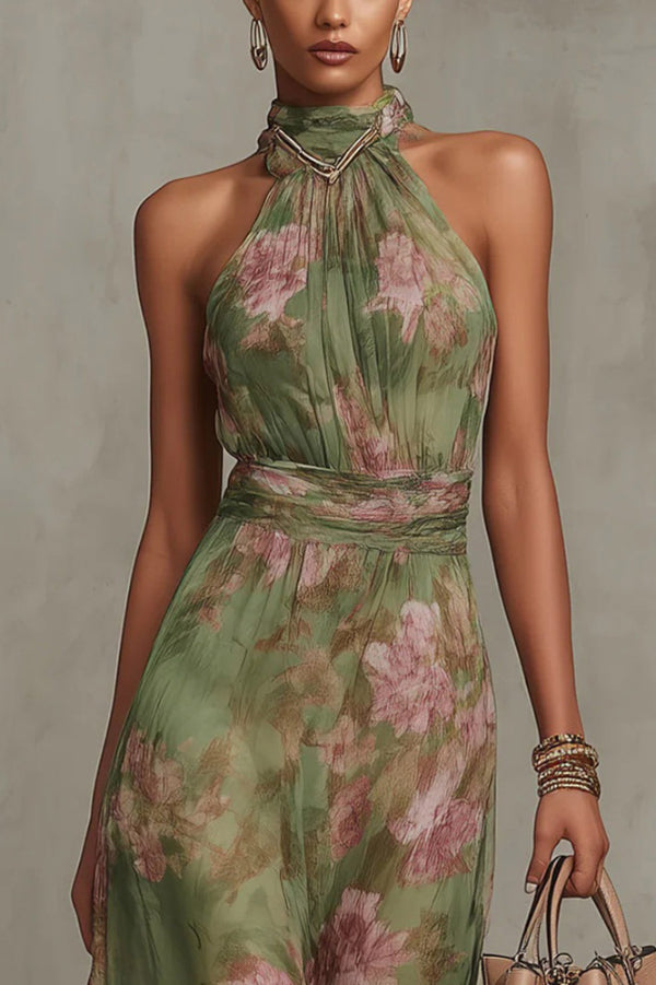 Cardydony Women's  Floral Print Halter Neck Sleeveless Fitted Waist Casual Vacation Maxi Dress