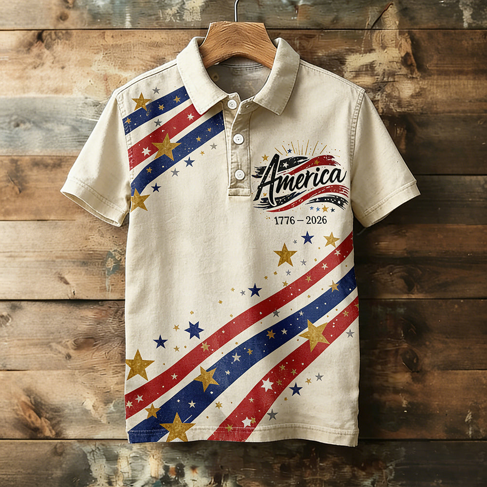 Cardydony Men's Independence Day American Flag Inspired Washed Polo Shirt