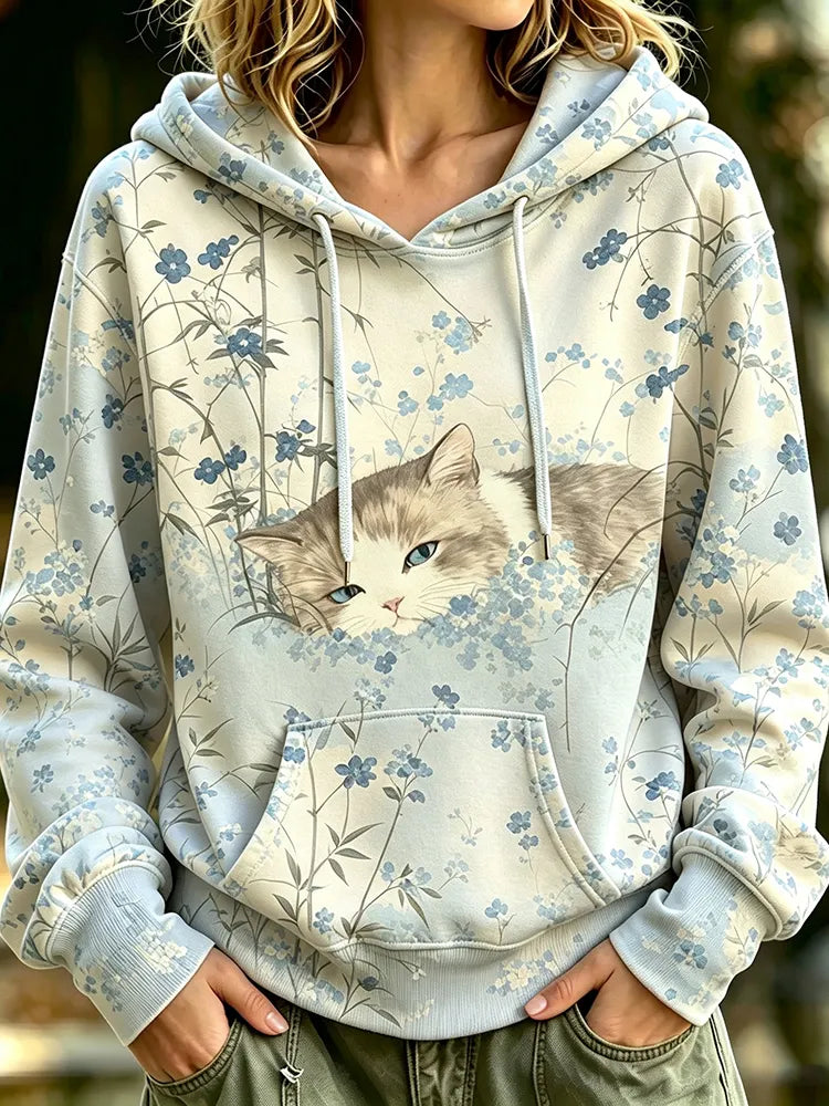 Cardydony Women's Cat Floral Print Hooded Sweatshirt