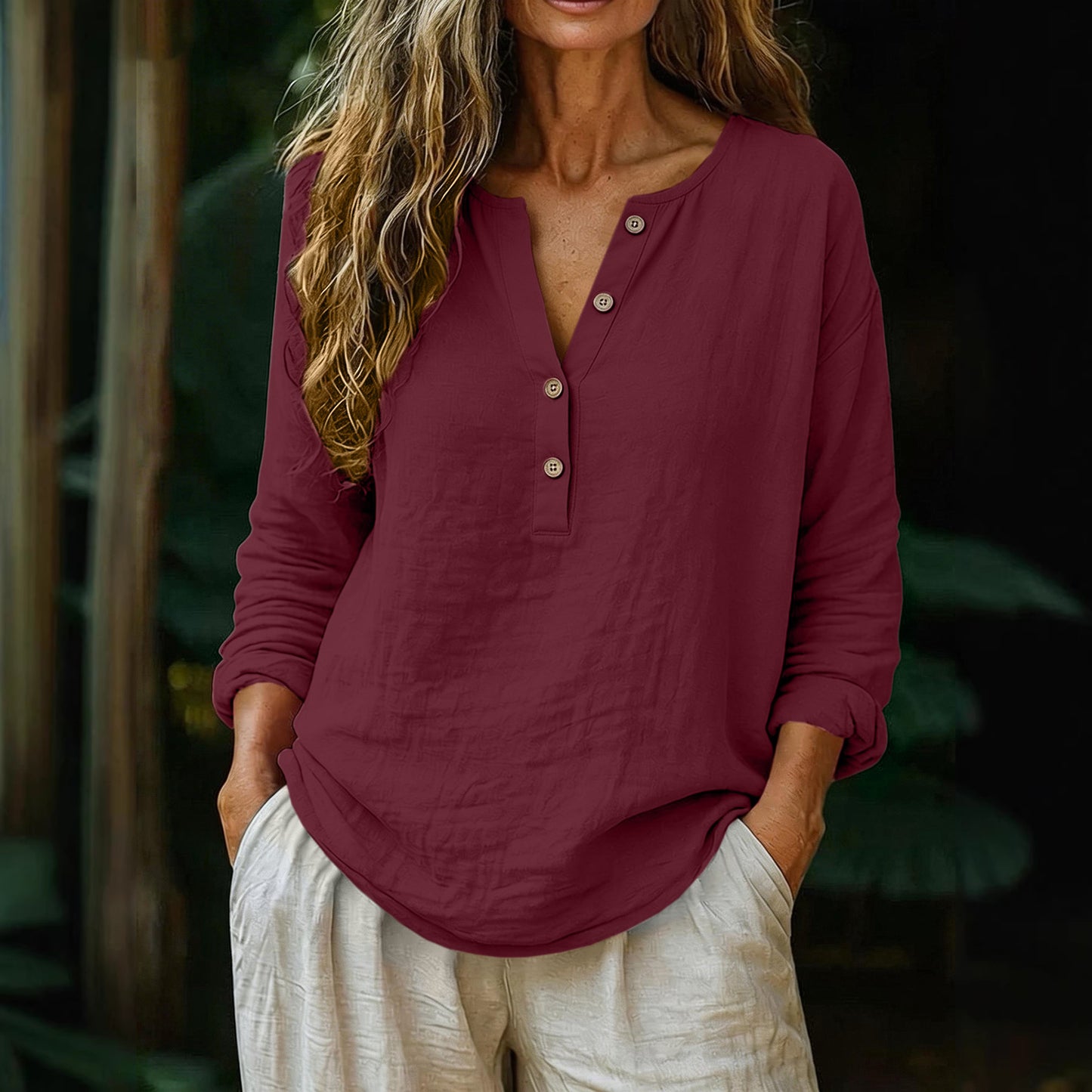 Cardydony Casual Solid Linen Long-sleeved Half-button Shirt