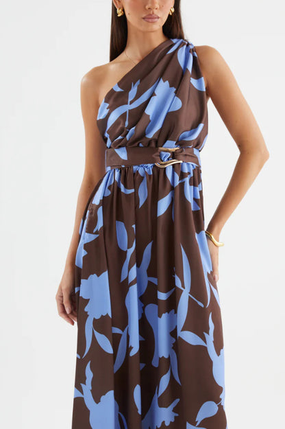 Cardydony Women's Unique Printed One-Shoulder Belt Casual Holiday Maxi Dress