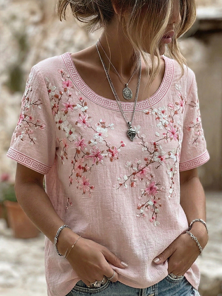 Cardydony Women's Vintage Japanese Cherry Blossom Art Round Neck Short Sleeve T-shirt