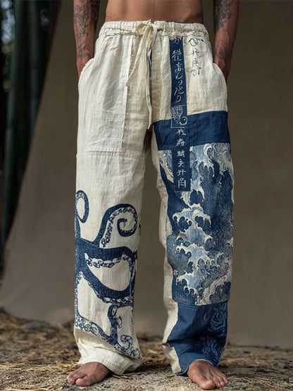 Cardydony Men's Japanese-style Octopus Print Sea Elastic Waist Pants