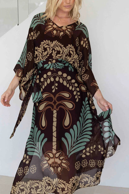 Cardydony Women's Bohemian Style Unique Printed Chiffon Loose-fitting Belted Maxi Dress