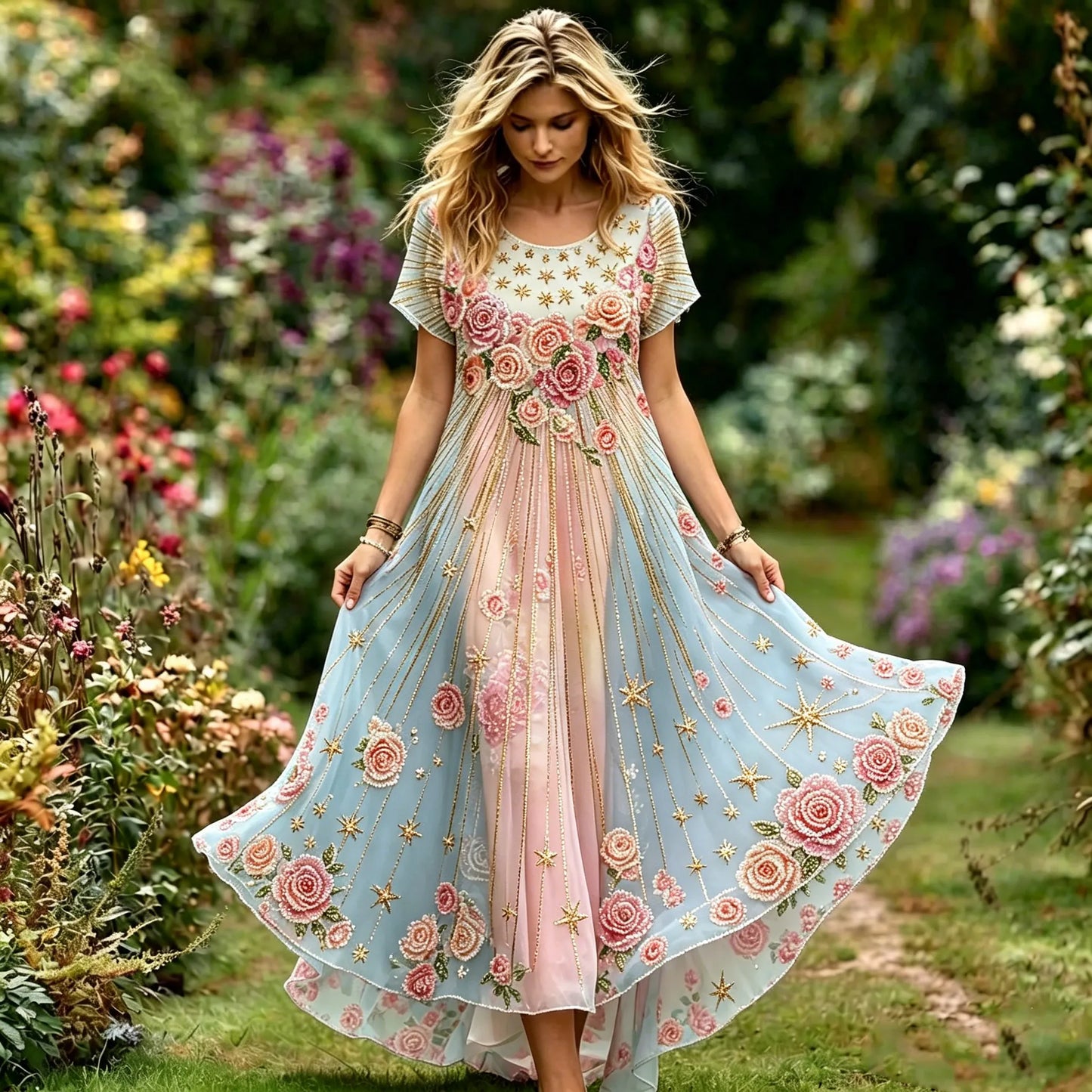 Cardydony Women's Vintage Bohemian Rose And Star Pattern Round Neck Dress