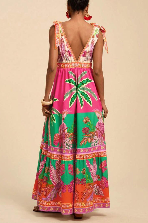 Cardydony Women's  Tropical Rainforest Print Loose V-neck Casual Vacation Maxi Dress