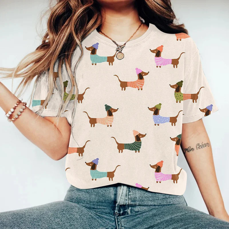 Cardydony Cute Dachshund Dog Art Vintage Washed T Shirt