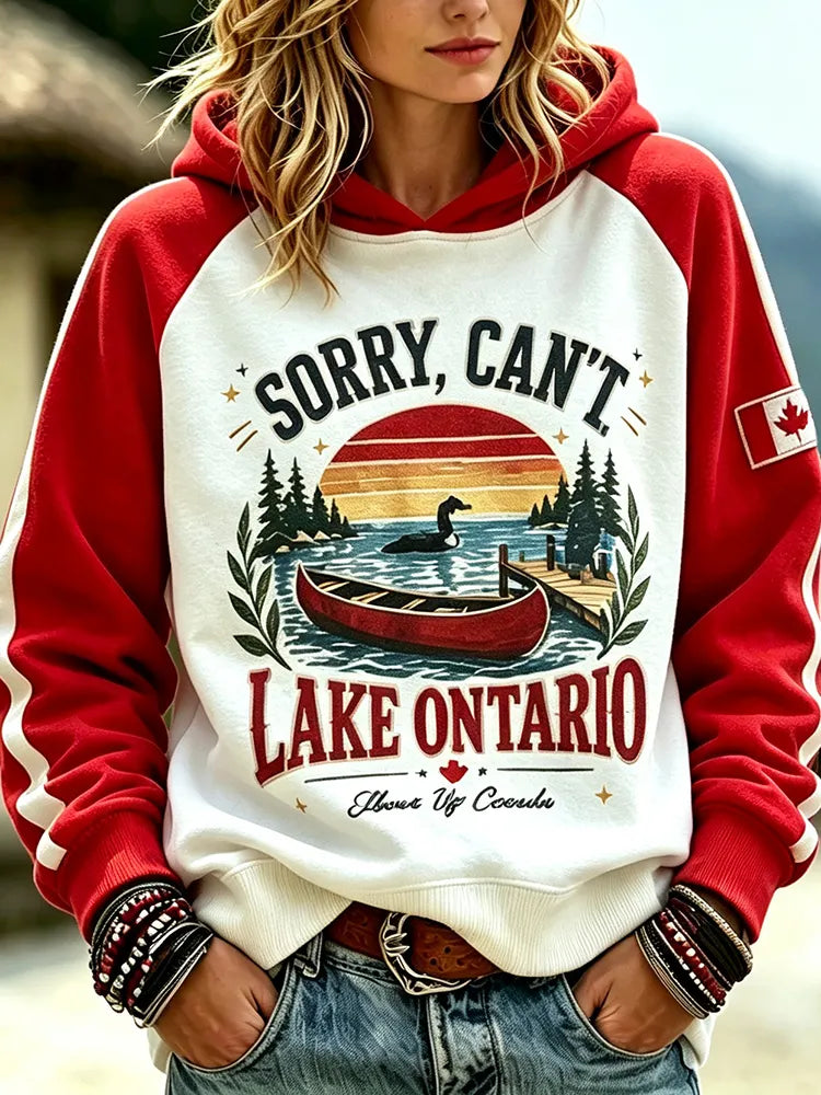 Cardydony Women's Retro Resort Style Lake Ontario Letter Color Block Print Hoodie
