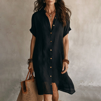 Cardydony Women's Solid Color Boho Effortless Black Linen Relaxed Midi Dress