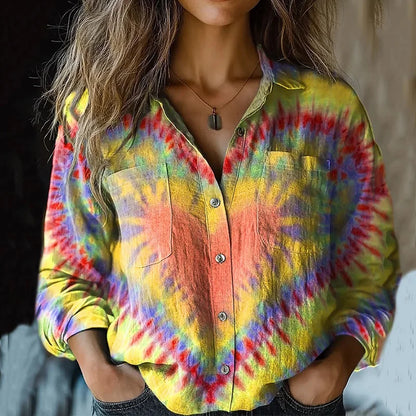 Cardydony Women's Retro Colorful Heart Tie-dye Print Shirt