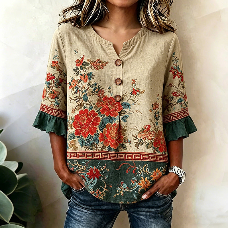 Cardydony Women's Vintage Floral Art Print Flared-sleeve Top