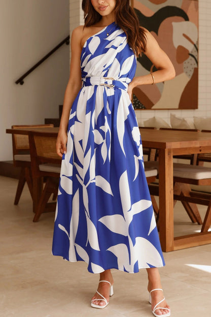 Cardydony Women's Unique Printed One-Shoulder Belt Casual Holiday Maxi Dress