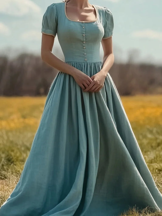 Cardydony Retro Square Collar Wide Skirt Linen Maxi Dress