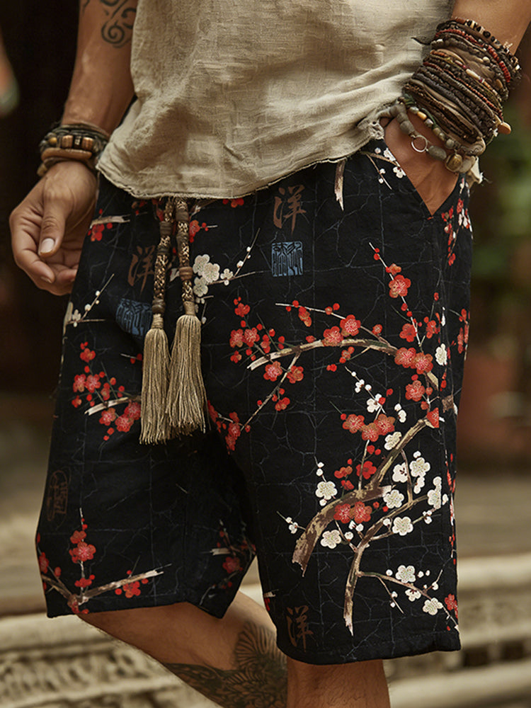 Cardydony Men's Japanese Cherry Blossom Art Print Linen Blend Shorts