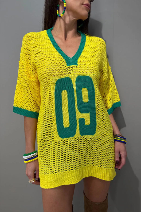 Cardydony Women's  World Cup Digital Jacquard Loose V-neck Short-sleeved Knit Top