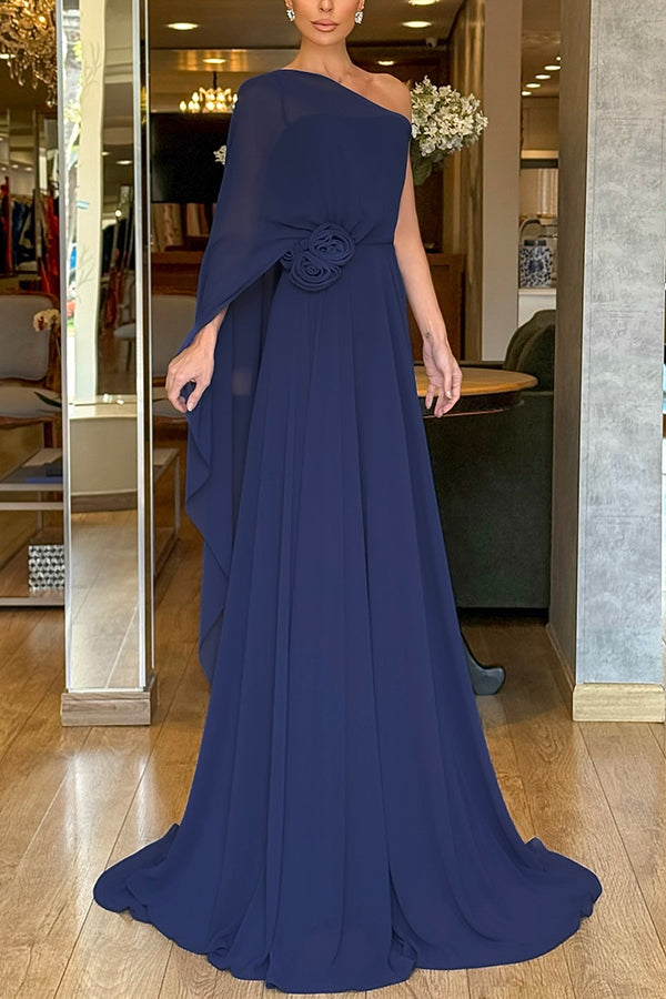 Cardydony Women's Iriena Chiffon One Shoulder Rose Decoration Waist Formal Maxi Dress