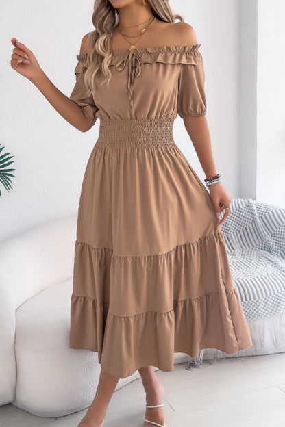 Cardydony Women's Stylish Off-shoulder Short-sleeved Pleated Waist Casual Midi Dress