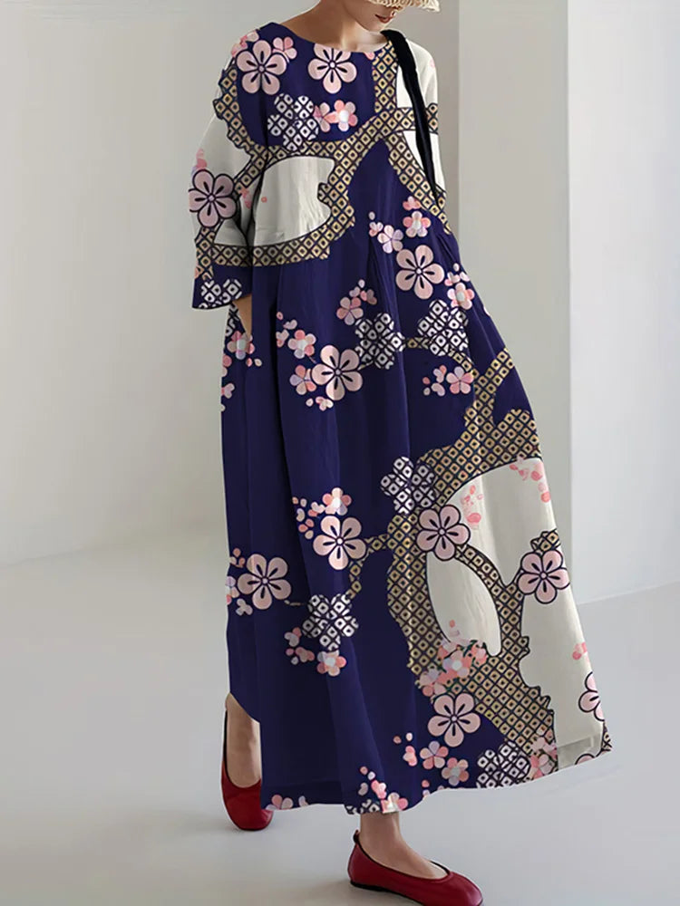 Cardydony Women's Vintage Japanese Cherry Blossom Print Loose Midi Dress