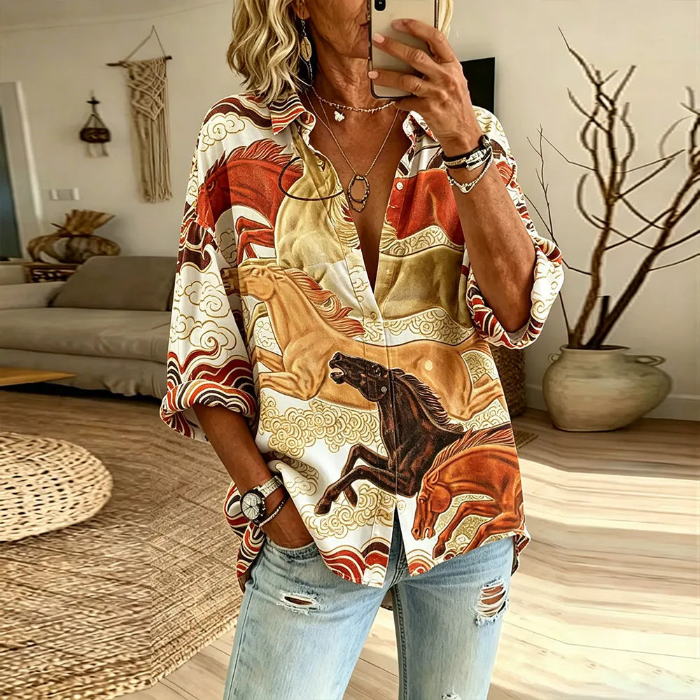 Cardydony Western Galloping Horse Patchwork Art Cotton And Linen Casual Long-sleeved Lapel Shirt