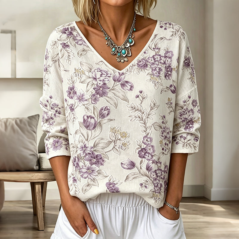 Cardydony Women's Floral Art Print Flowy Linen Blend Three-quarter Sleeve V Neck Linen Tops