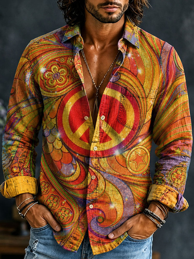 Cardydony Men's Vintage Hippie Peace Sign Swirl Art Print Pocket Long Sleeve Shirt