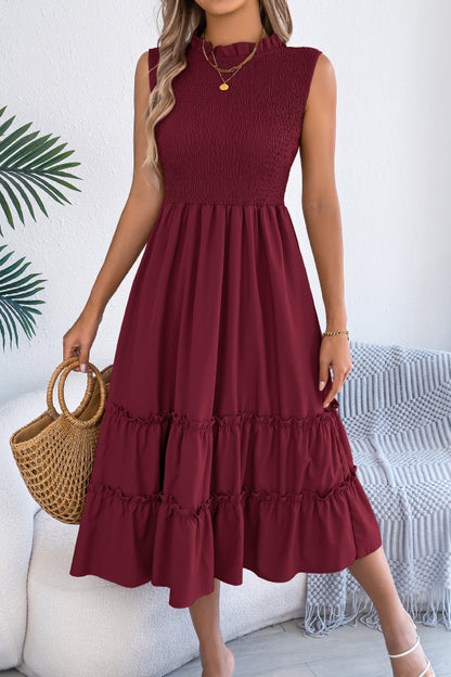 Cardydony Women's Solid Color Sleeveless Tucked Patchwork Casual Midi Dress