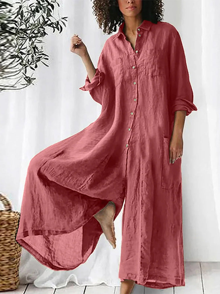 Cardydony Women Plain Cotton-blend Shawl Collar Long Sleeve Split Joint Casual Shirt Spring/fall Jumpsuit