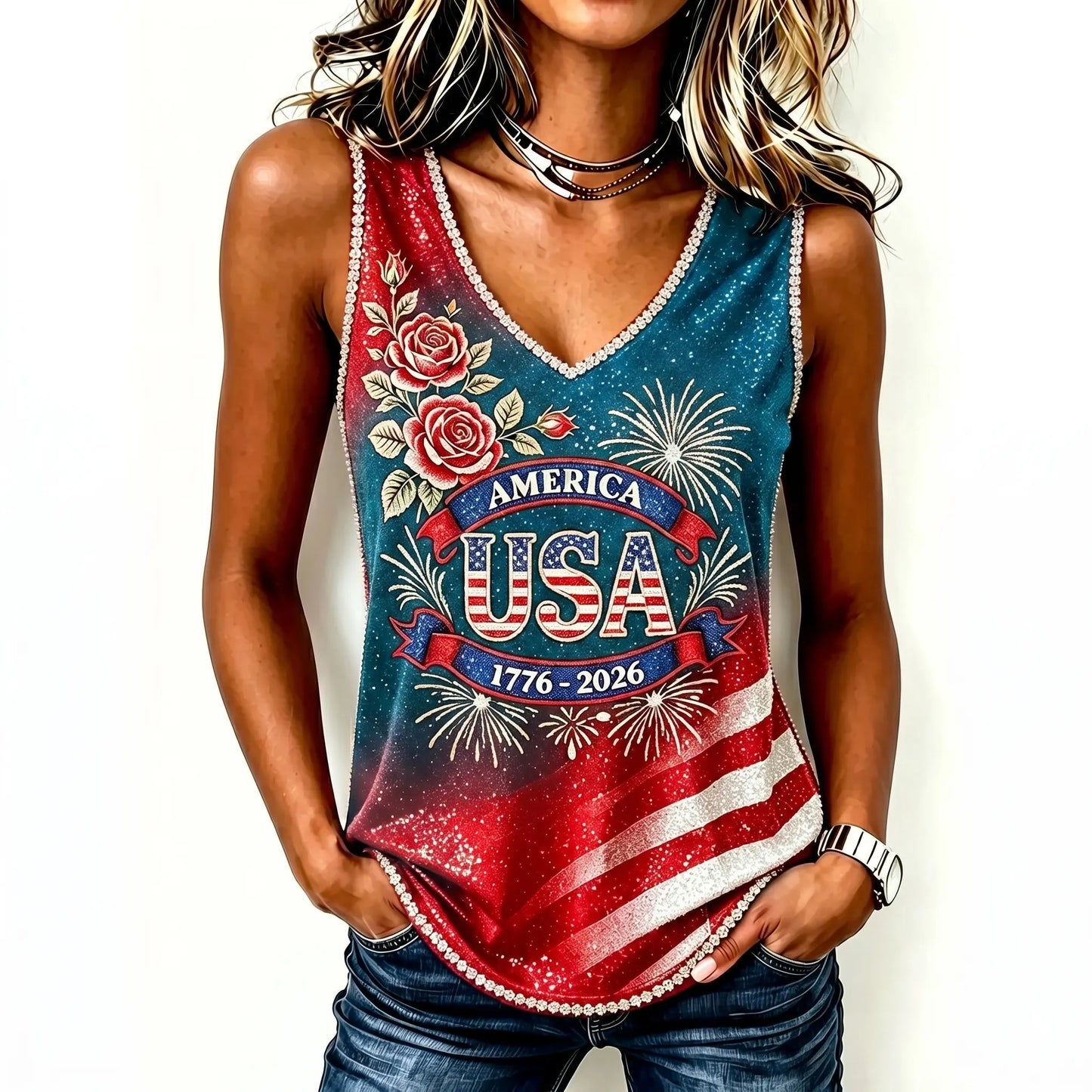 Cardydony Women's Vintage Anniversary Flag Flower Art Print V Neck Casual Tank Top
