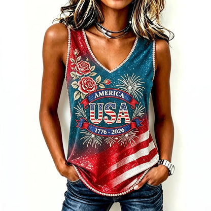 Cardydony Women's Vintage Anniversary Flag Flower Art Print V Neck Casual Tank Top