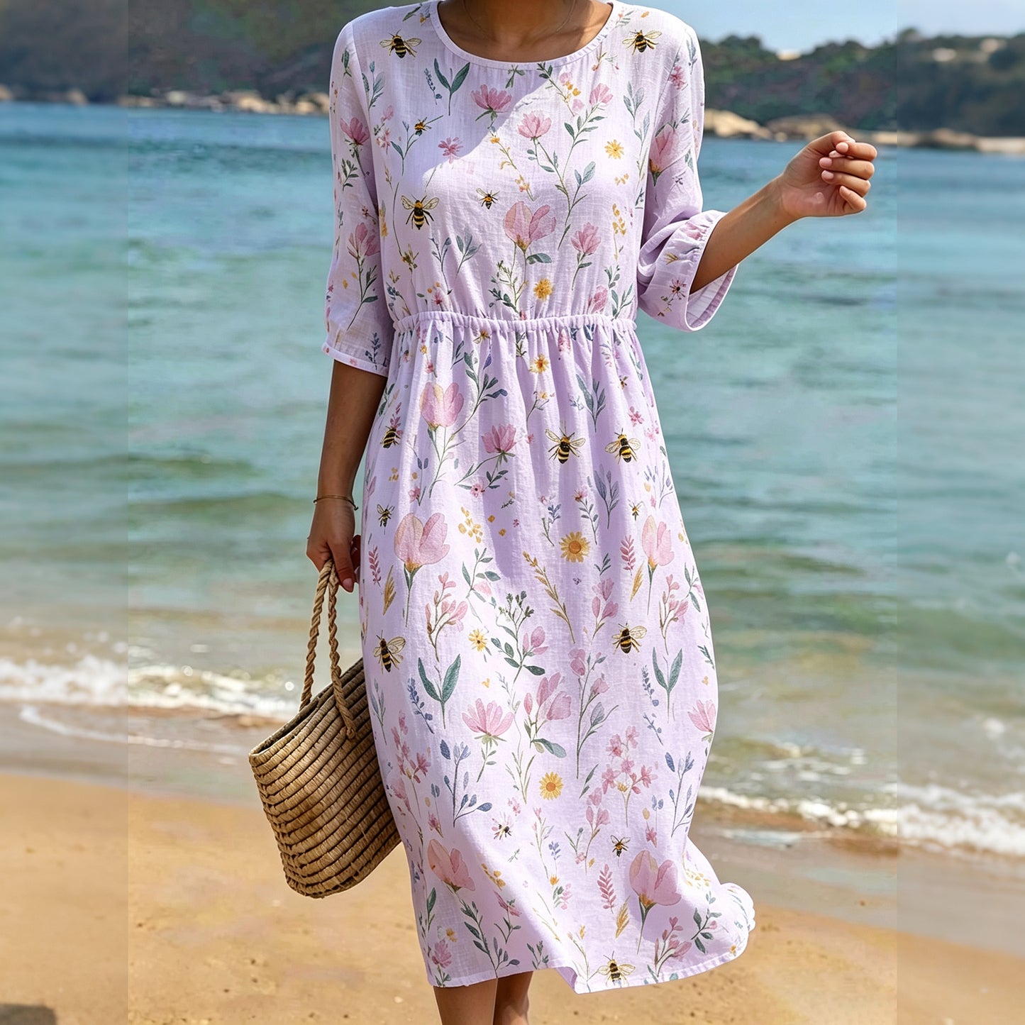 Cardydony Women's Vintage Bohemian Floral Bees Print Round-neck Mid-sleeve Linen Dress