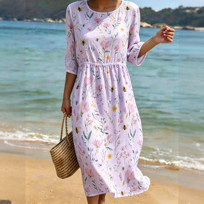 Cardydony Women's Vintage Bohemian Floral Bees Print Round-neck Mid-sleeve Linen Dress