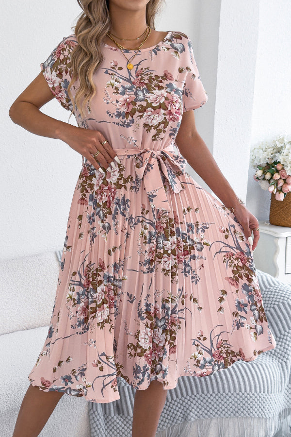 Cardydony Women's Floral Print Round Neck Fitted Waist Tie Pleated Midi Dress