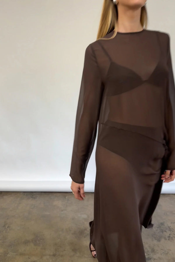 Cardydony Women's  Fashionable Mesh See-through Round Neck Long Sleeve Tie Bow Slit Maxi Dress