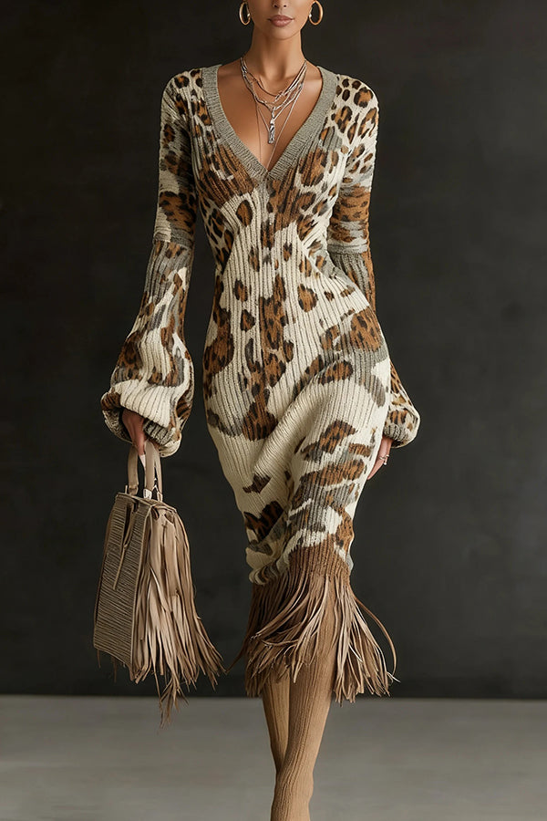 Cardydony Women's Unique Printed V-neck Long-sleeved Elegant Tassel Hem Midi Dress