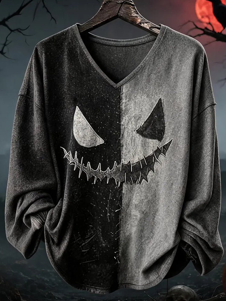 Cardydony Halloween Gothic Split Color Spooky Face Long Sleeve T-shirt
