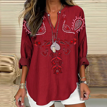 Cardydony Women's Vintage Ethnic Kutch Embroidery With Flowers And Birds V-neck Shirt