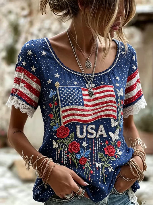Cardydony Women's Vintage Independence Day Flag Floral Art Comfortable Casual Crew Neck T-shirt